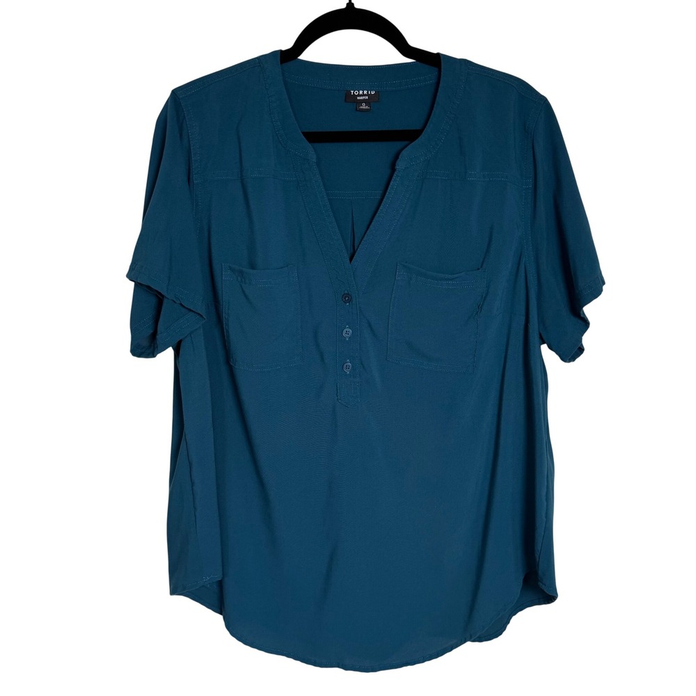 Torrid Harper Teal Blue Short Sleeve Georgette Blouse Size 0 L XL Professional